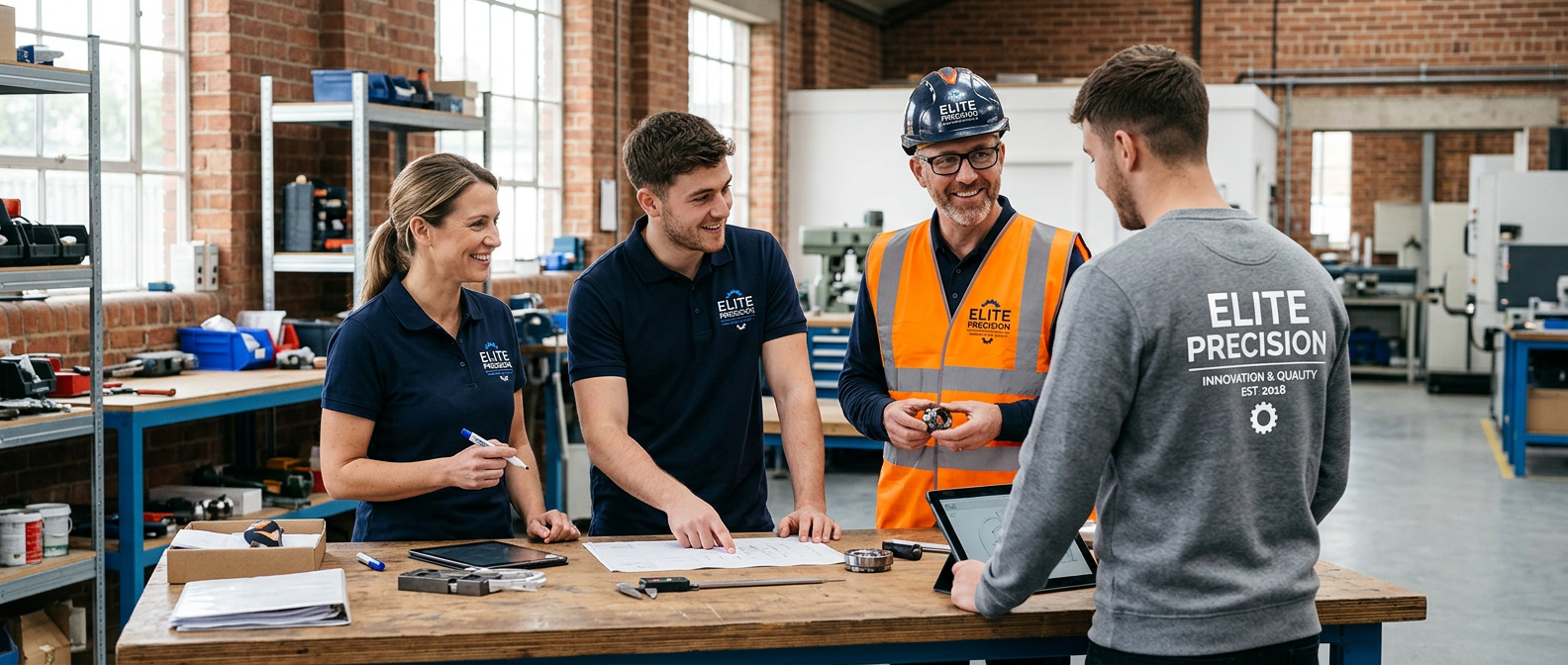 Handwerker-Team in einheitlichen Poloshirts mit Firmenlogo – Arbeitskleidung individuell bedrucken lassen