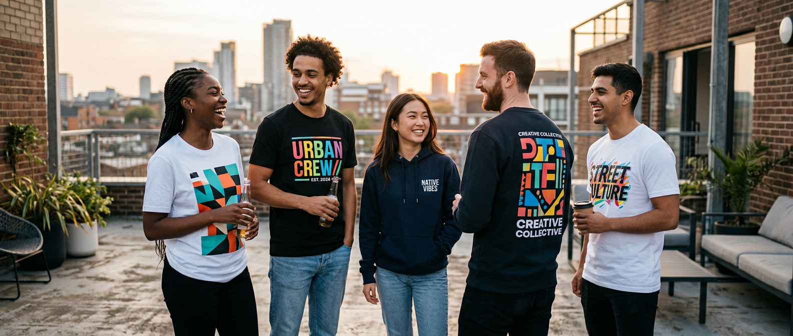 Gruppe junger Menschen auf einer Dachterrasse in individuell bedruckten T-Shirts und Hoodies – farbenfrohe DTF-Drucke im warmen Abendlicht