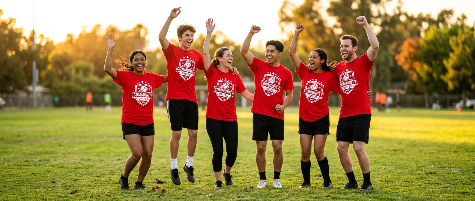 Ein Fußball-Team welches die eigenen individuell bedruckten tshirts trägt