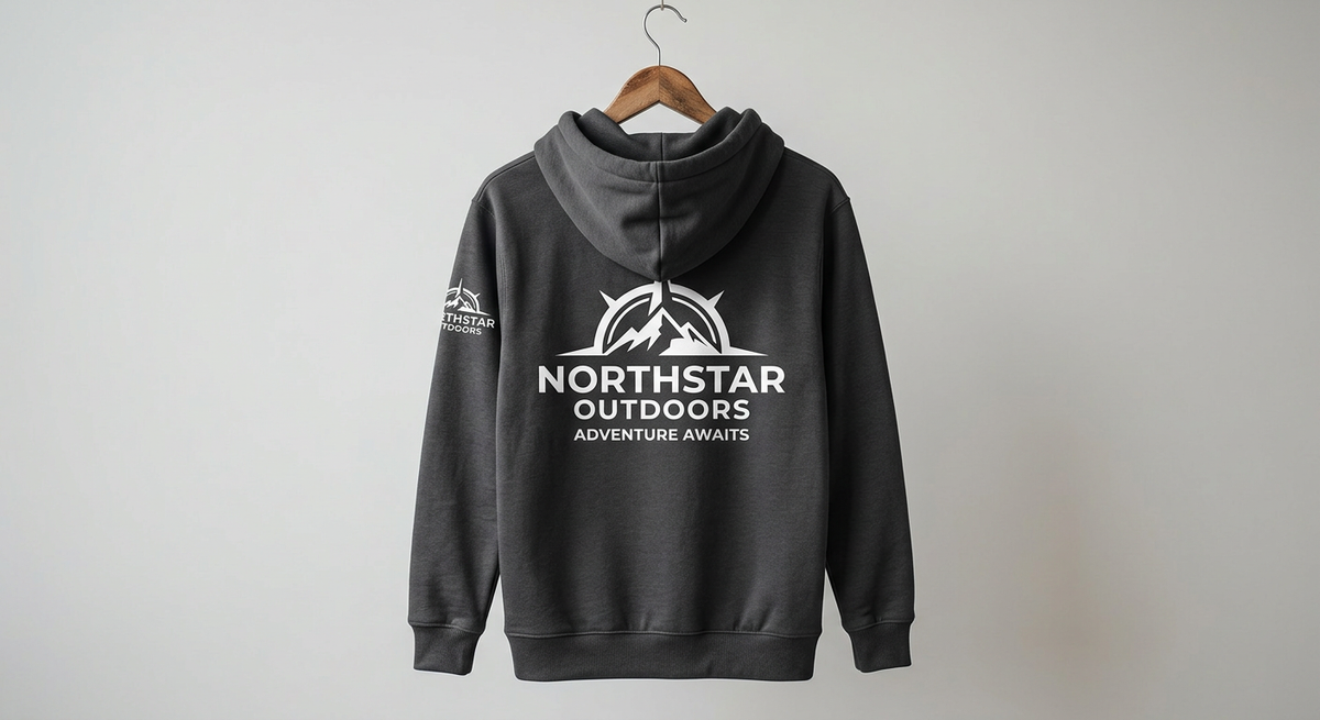 Schwarzer Hoodie mit großem Rückenlogo als Gestaltungsbeispiel